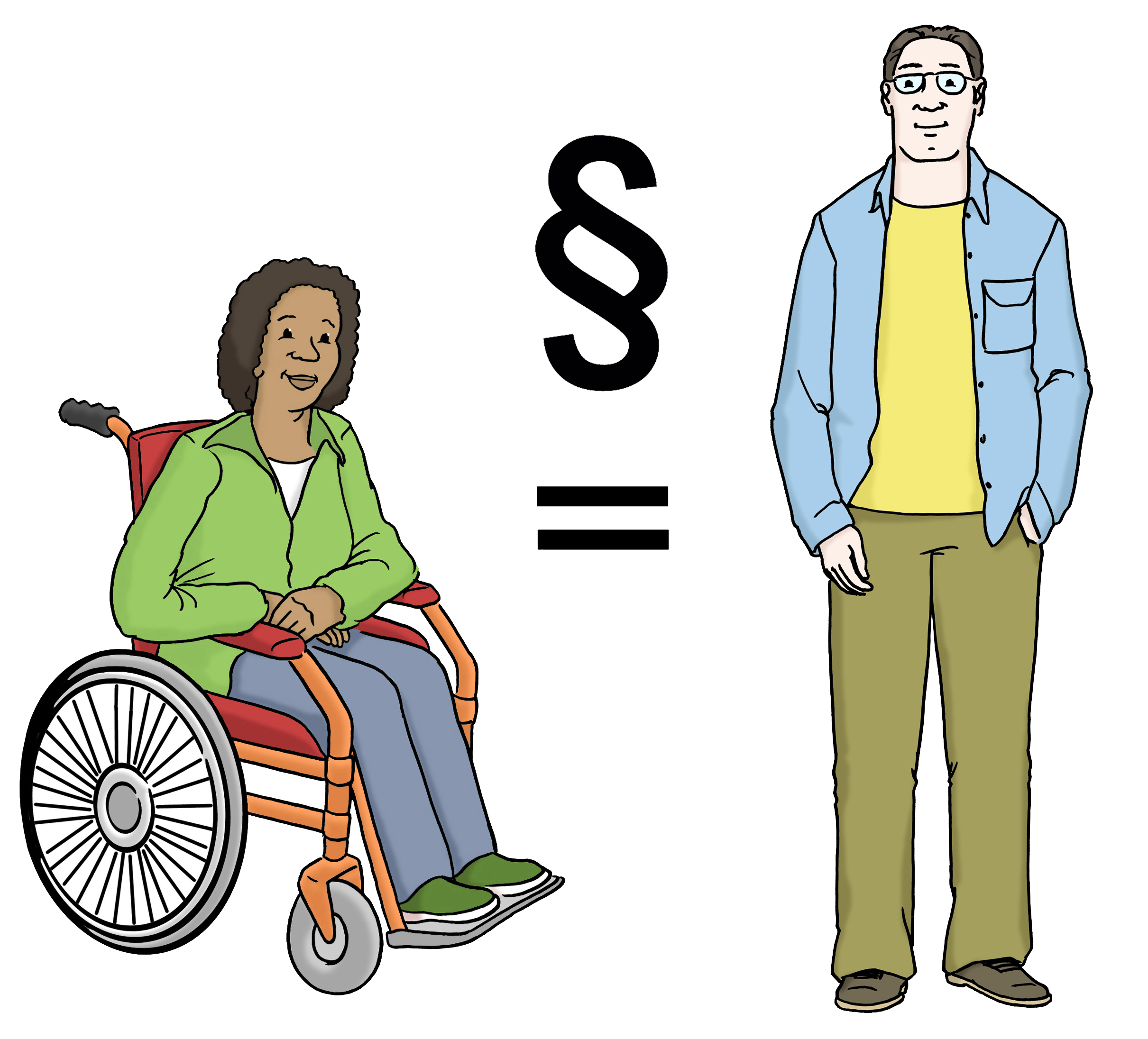 Links eine Schwarze Frau im Rollstuhl, rechts ein nicht-behinderter weißer Mann, dazwischen ein Gleichheitszeichen mit einem Paragraphen darüber