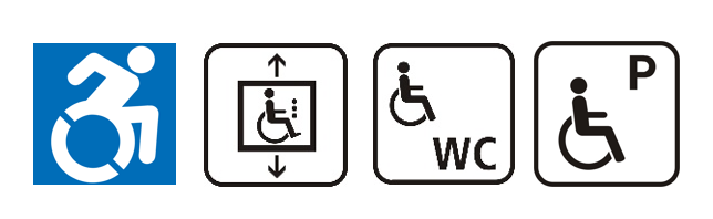Icons rollstuhlgerechter Zugang, Fahrstuhl, WC sowie Parkplatz