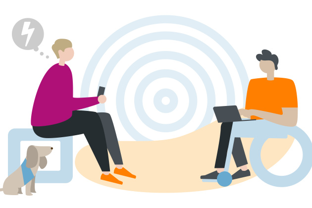 Die Illustration zeigt eine Beratungssituation der Onlineberatung. Links im Bild sitzt eine Person in einem magenta-farbenen Sweatshirt auf einem Hocker. Zu Füßen der Person sitzt ein kleiner brauner Hund. Die Person hält ein Smartphone in der Hand. Über der Person befindet sich eine Gedankenblase. In der Blase ist ein Blitz abgebildet. Rechts im Bild befindet sich eine Person in einem orange-farbenen Sweatshirt. Sie nutzt einen Rollstuhl und hält einen Laptop auf dem Schoß. Sie schreibt am Laptop.