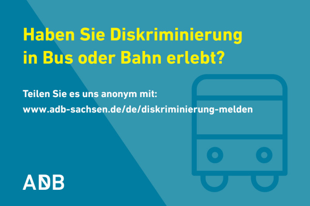 Sharepic zur ÖPNV-Umfrage. Text: Haben Sie Diskriminierung in Bus oder Bahn erlebt? Teilen Sie es uns anonym mit.